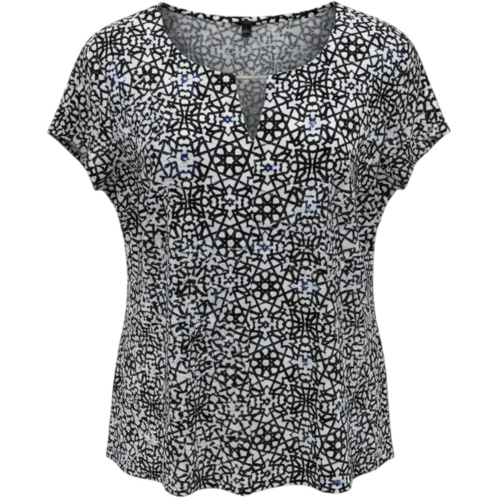 Roz & Ali Womens XL Blue Black Geometric Print Split‎ Neck Gold Bar Blouse Top